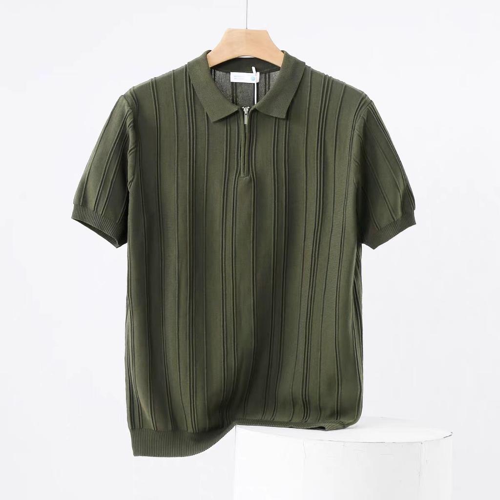 Half-Zip Knitted Short Sleeve Men's Thin Sweater T-Shirt 2025 Summer New Ice Silk Turn-Down Collar Half Sleeve