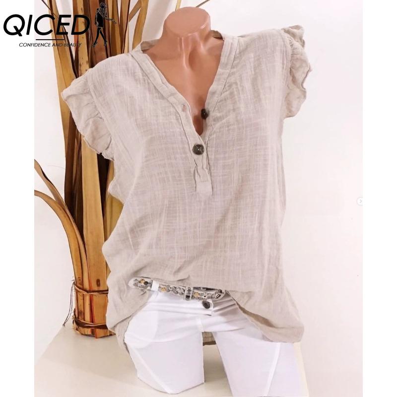 

QICED Женская Мода Повседневные Однотонные Блузки и Рубашки без Рукавов с V-образным Вырезом XXXL бежевый