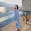 Holiday Style Temperament French Neck Halter Wrinkled Thin Deep V Dress Long Dress