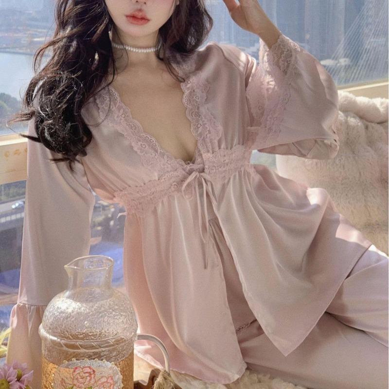 Autumn New Suspender Trousers Pajamas French Sexy Lace Three-piece Loungewear Ice Silk Zhao Ruth Same Style