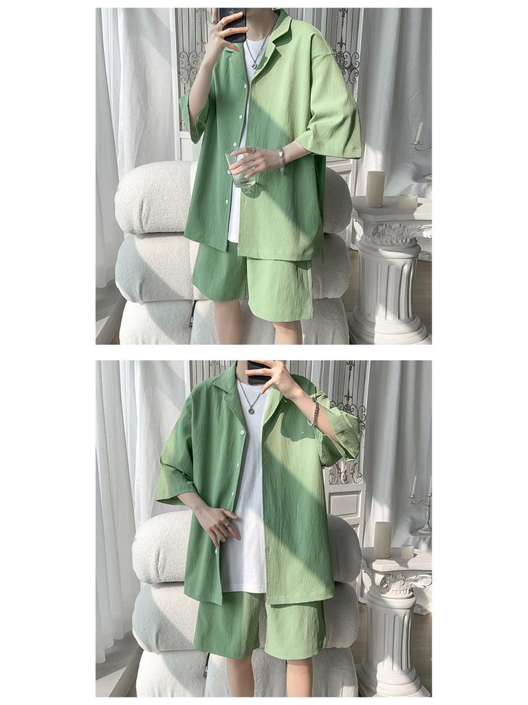 Men's Hong Kong Style Casual Short Sleeve Shirt & Loose Sports Shorts Two-Piece Set