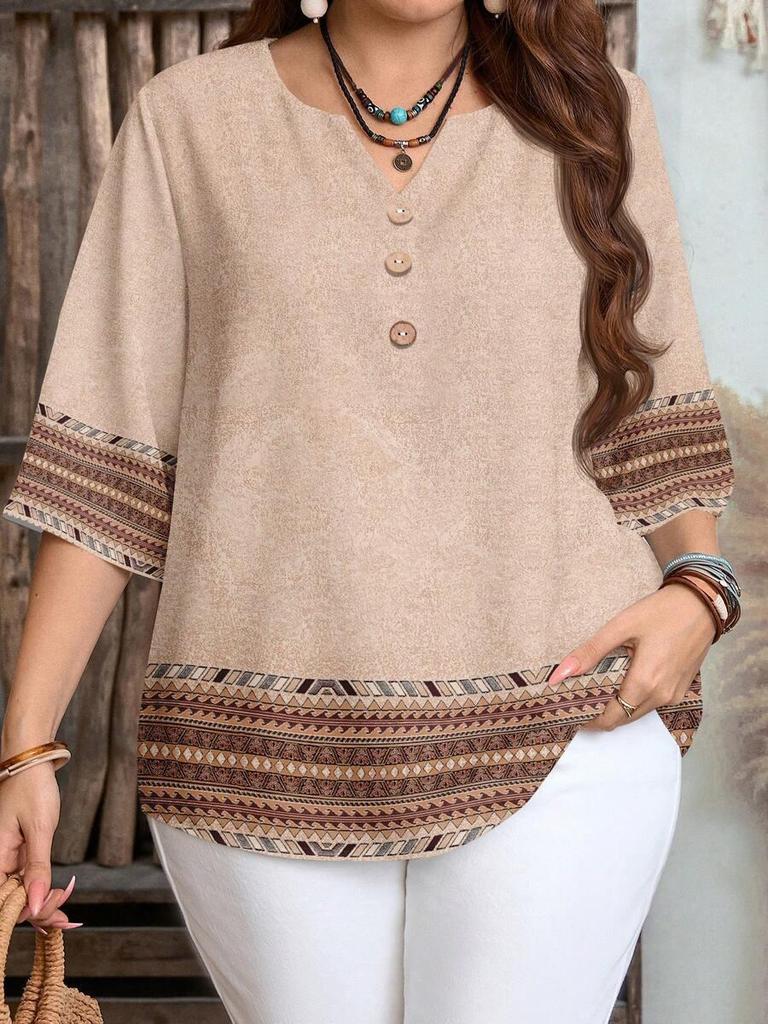 Plus Size Women's Casual V-Neck Buttoned Loose 3/5 Sleeve All-Over Print Shirt for Spring/Summer