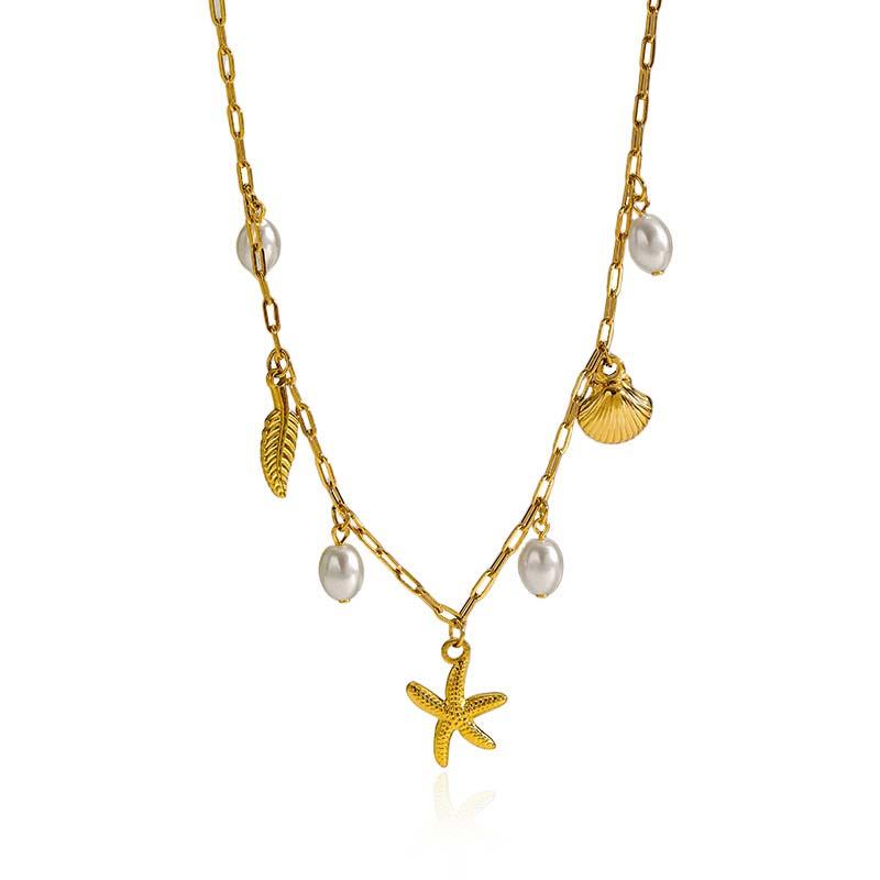 Fashion Gold Color Starfish Pendant Necklace for Women Bohemian Imitation Pearl Shell Clavicle Chain Summer Beach Jewelry