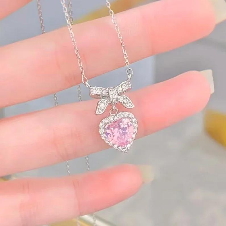 Cute Sweet Pink Bow Necklace Ladies Fashion Sparkling Rhinestone Heart Shape Pendant Clavicle Chain Delicate Wedding Accesories