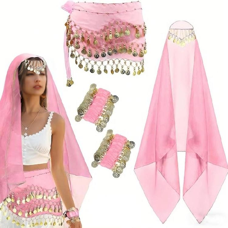 Belly Dance Costumes Halloween Indias Dance Outfits Coins Belly Dance Hip Scarf Chiffon Head Scarf,2 Coin Wrist Bracelets Os розовый