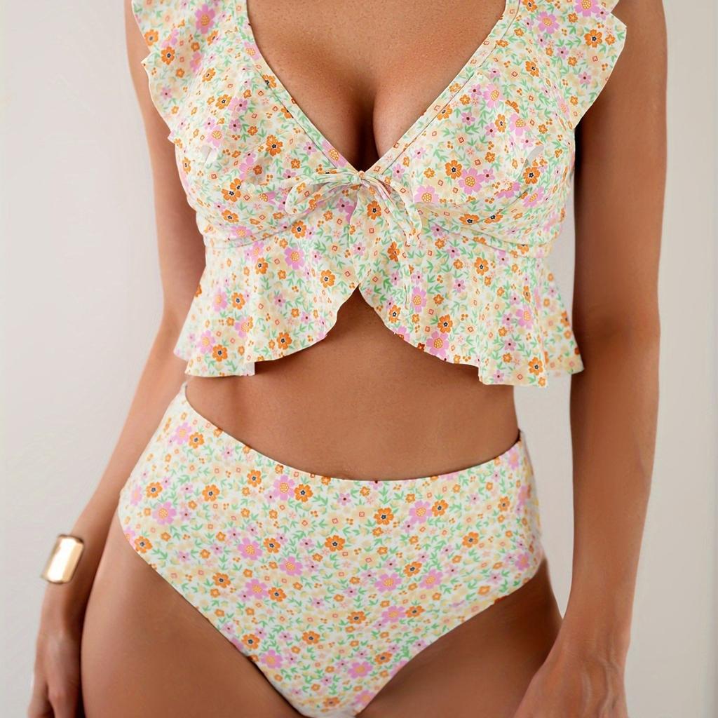 2025 Ruffle Floral Print Bikinis Women's Push Up Two-Piece Swimsuit Fashion Spilt Swimwear Summer Holiday Bathing Suit Beachwear