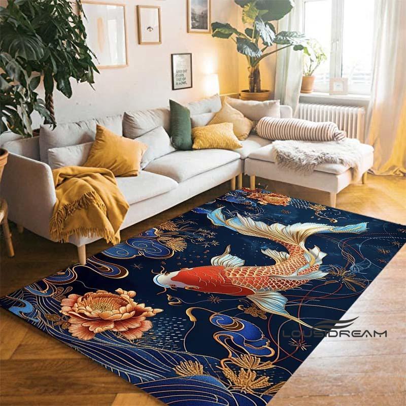 Tappeto Cartoon Lussuoso Pesce Koi Fortunato Yin Yang Carpa per Camera da Letto Soggiorno Divano Tappetino d'Ingresso Casa, Tappetino Pavimento Grande Antiscivolo per Bambini