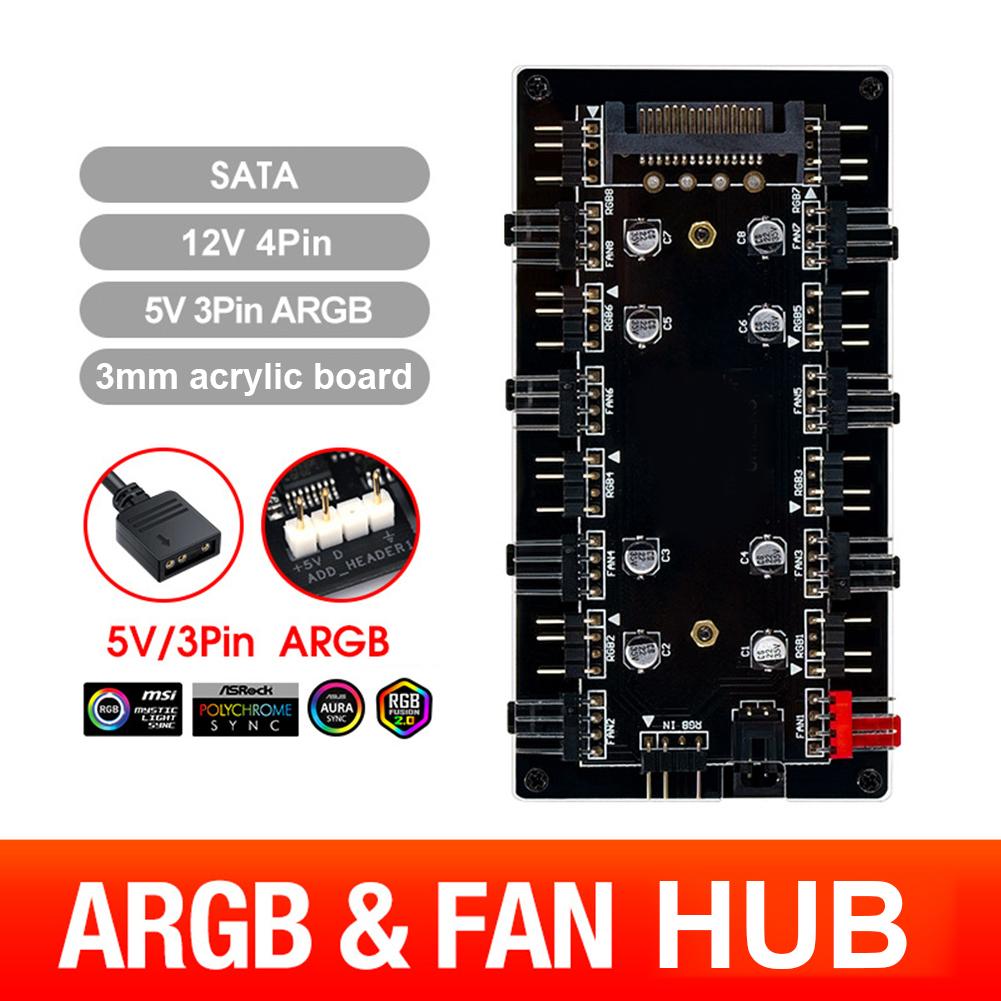 12V 4Pin/5V 3PIN Cooler Fan HUB Splitter SATA Power Supply ARGB/RGB PWM Fan Hub Addressable RGB Lighting PCB Splitter with Cable