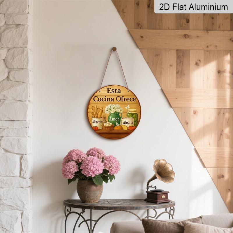 2D Flat, 1pc 7.87 Inch Round Aluminum Sign, "This Kitchen Offers Love & Joy" Rustic Farmhouse Kitchen Design, Vintage Food & Floral Metal Wall Art