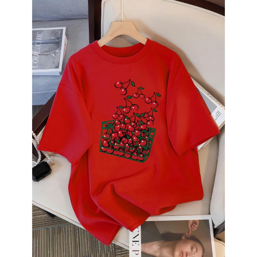 A Basket Of Cherries Printing Female Tee Shirt Breathable Casual T-Shirts Summer Short Sleeve Soft Loose Women