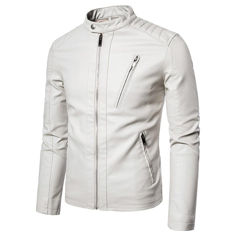 Mens Slim Fit PU Leather Jacket Trendy Stand Collar Casual Motorcycle Coat