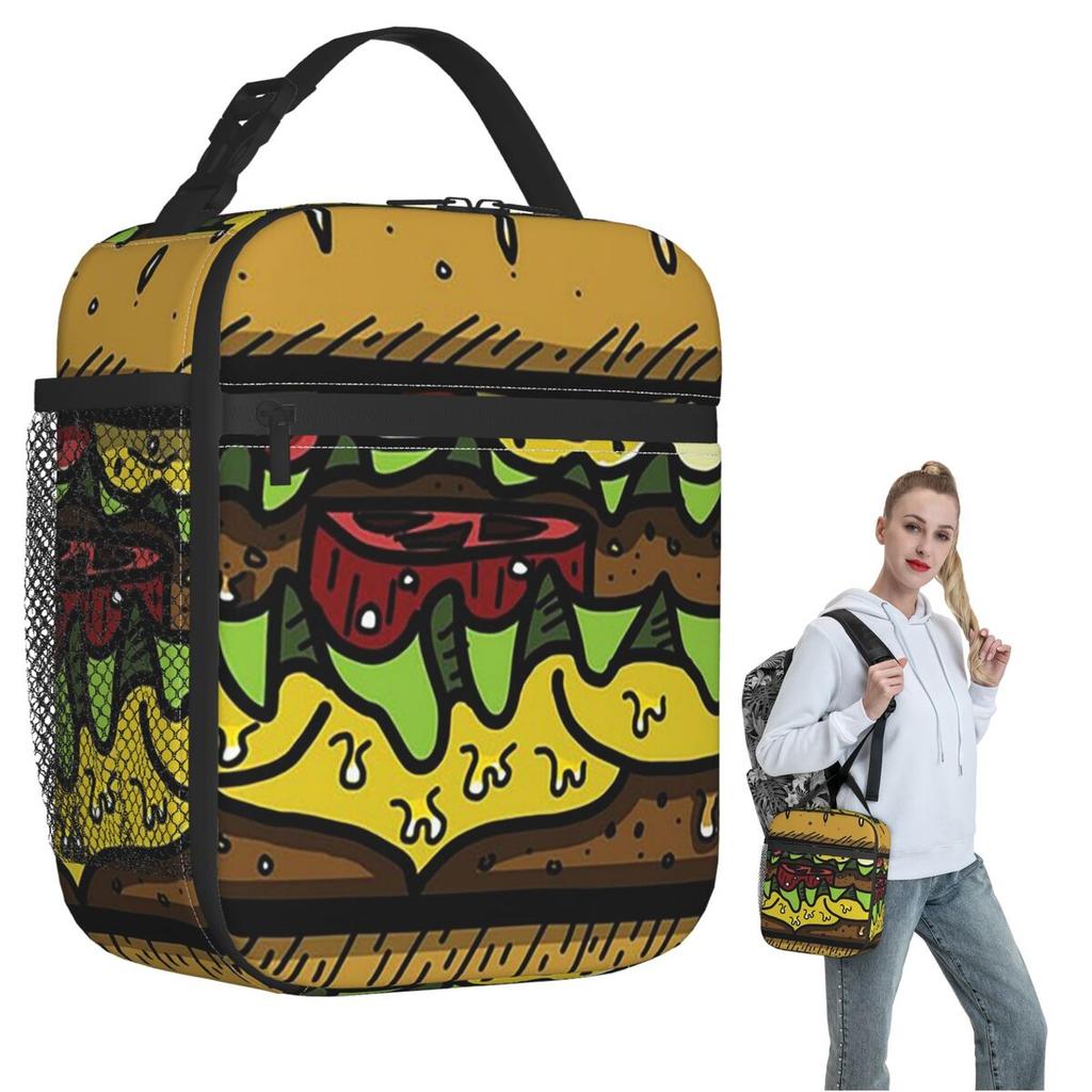 Large Hamburger Pattern Insulated Lunch Bag for Women Children Portable Food Boxes Thermal Lunch Box Tote