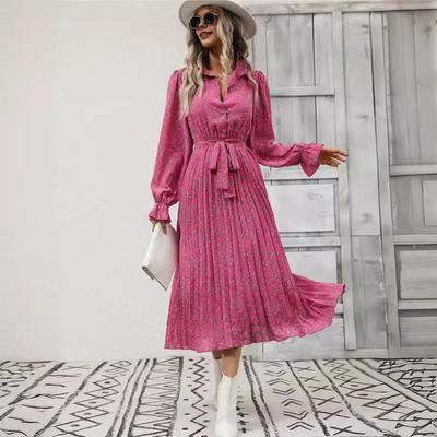 Fall Spring Women Dress Turn-down Collar V Neck Long Sleeves A-line Big Swing Half Single-breasted Lace-up Waist Pleated Floral