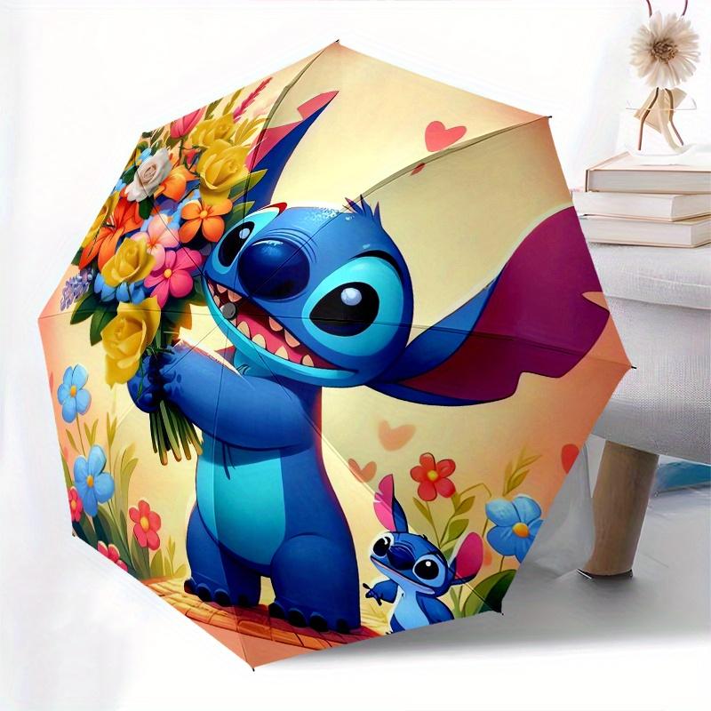 Stitch,Flowers Themed Folding Umbrella, the Best Choice for Gift Giving, 8 Ribs, Casual, Durable, Lightweight and Portable Travel Umbrella,