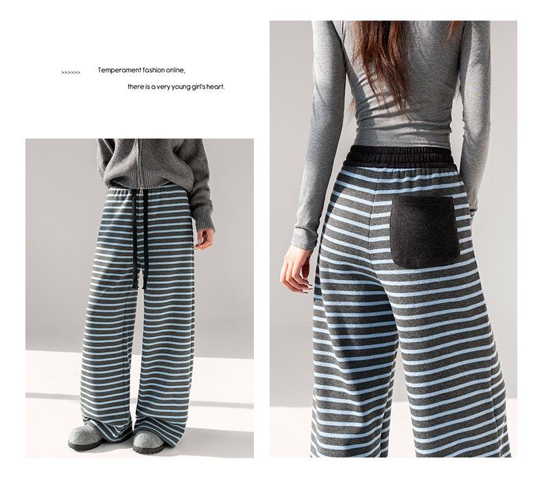 2025 Winter High-Waisted Coffee Striped Plush Pants for Petite Women: Loose, Wide-Leg, Straight-Leg Style.