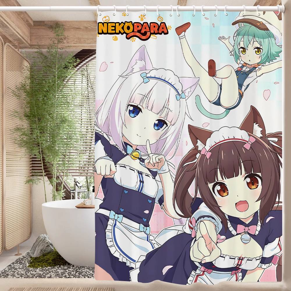 Nekopara Neko Anime Pattern Bathing Curtain Bathroom Shower Curtain Waterproof With 12 Hooks Home Deco