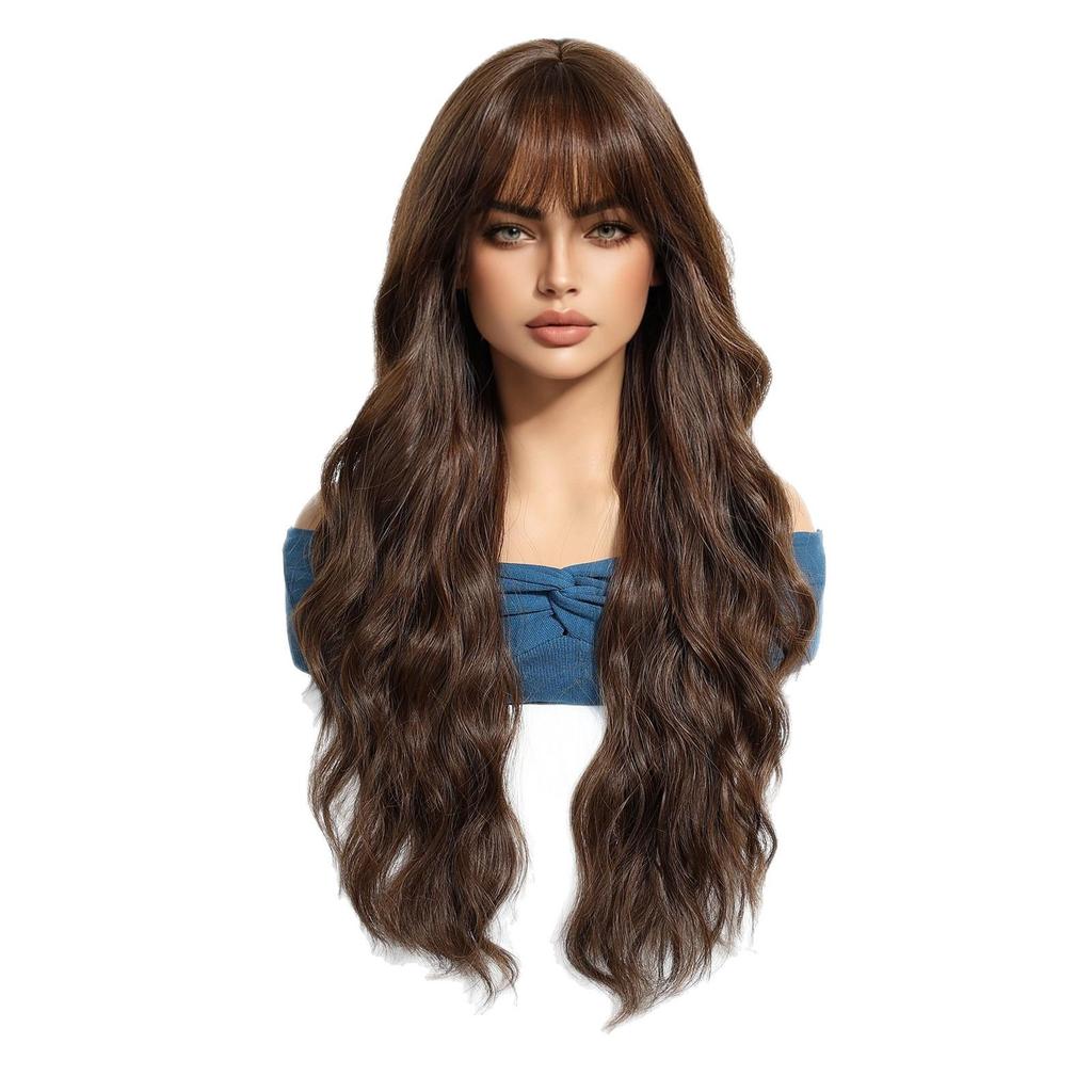 European and American Fashionable Women's Long Curly Hair Wig, Brown Water Ripple Fringe Bangs High Temperature Silk Synthetic Wig Headband