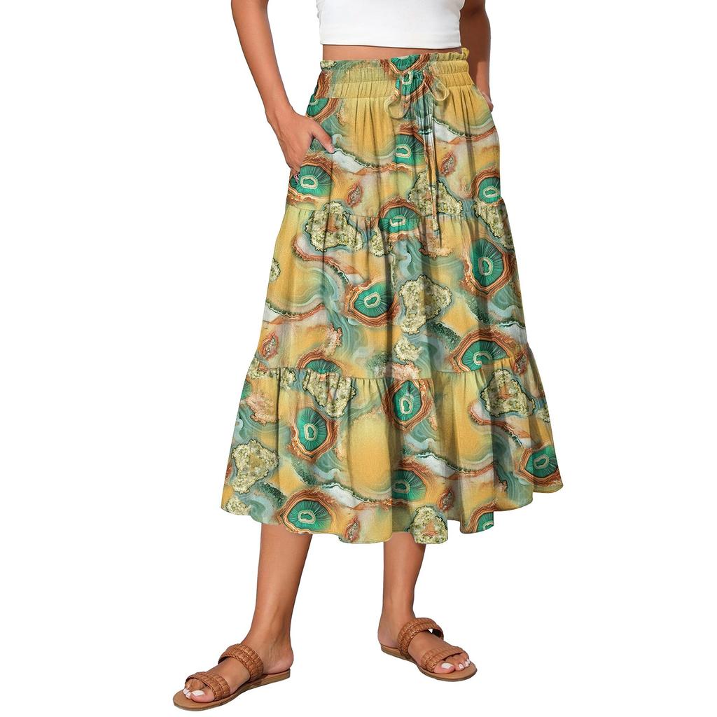 Dameskjørt Maxi Snøring Høyt liv Sommer Lange skjørt Lett Lagdelt Flytende Blomstret Plissert skjørt