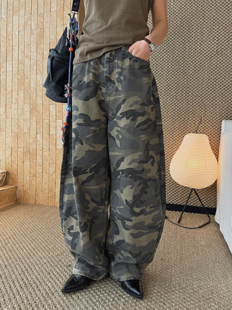 Johnature Bahar Kore Tarzı Retro İş Giysisi Kamuflaj Geniş Bacak Kot Pantolon Bol Kesim Uzun Pantolon Kadınlar İçin