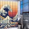 1 Piece Japanese Wave Shower Curtain with Powerful Ocean Wave Pattern, Orange Red Sky Ukiyo-e Style Polyester Fabric