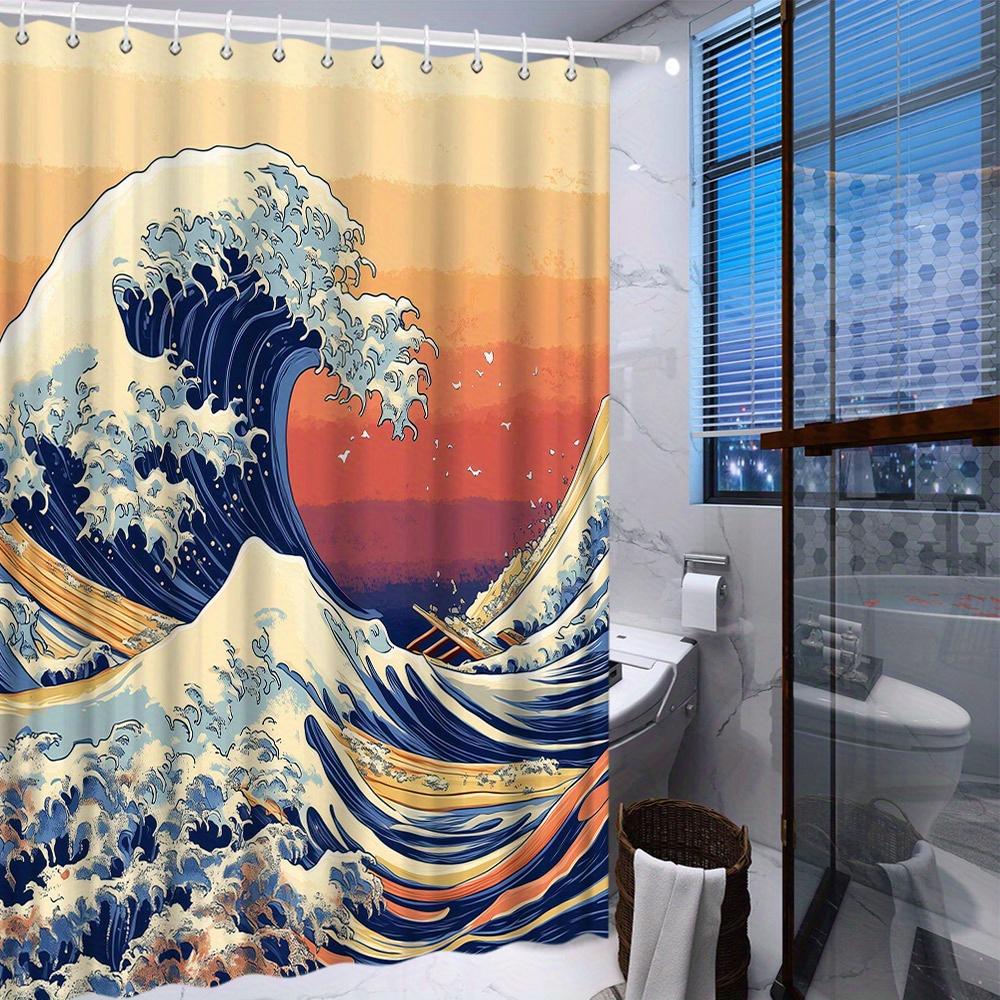 1 Piece Japanese Wave Shower Curtain with Powerful Ocean Wave Pattern, Orange Red Sky Ukiyo-e Style Polyester Fabric