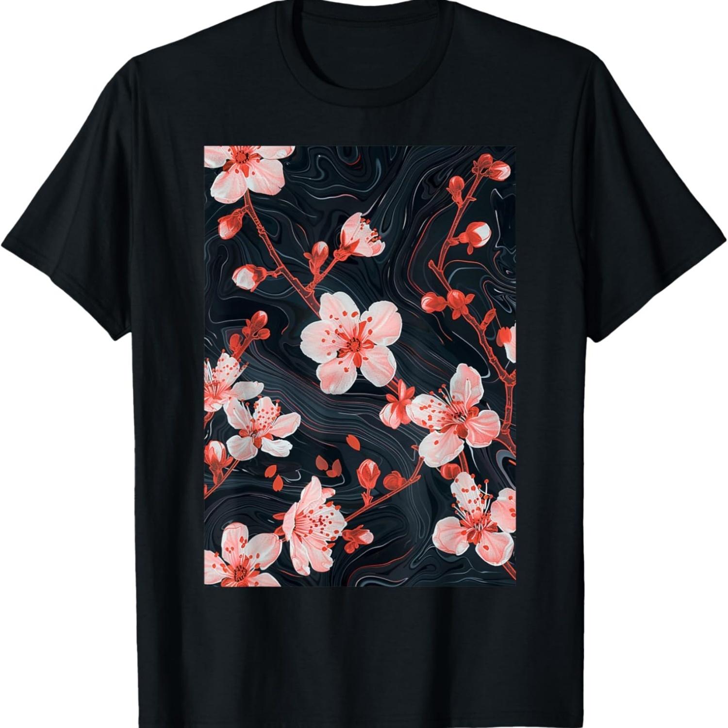Минималистичная Винтажная Футболка с Цветами Вишни S чёрный