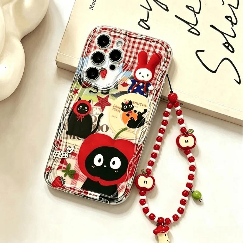 Cat Red Apple Fruit Chain Case For RENO 14 15 PRO 15F 14F13F 12F 11f 11 10 12 13 OPPO A6X A2 A3 A5 A6 Pro A3X A18 A17 Cover