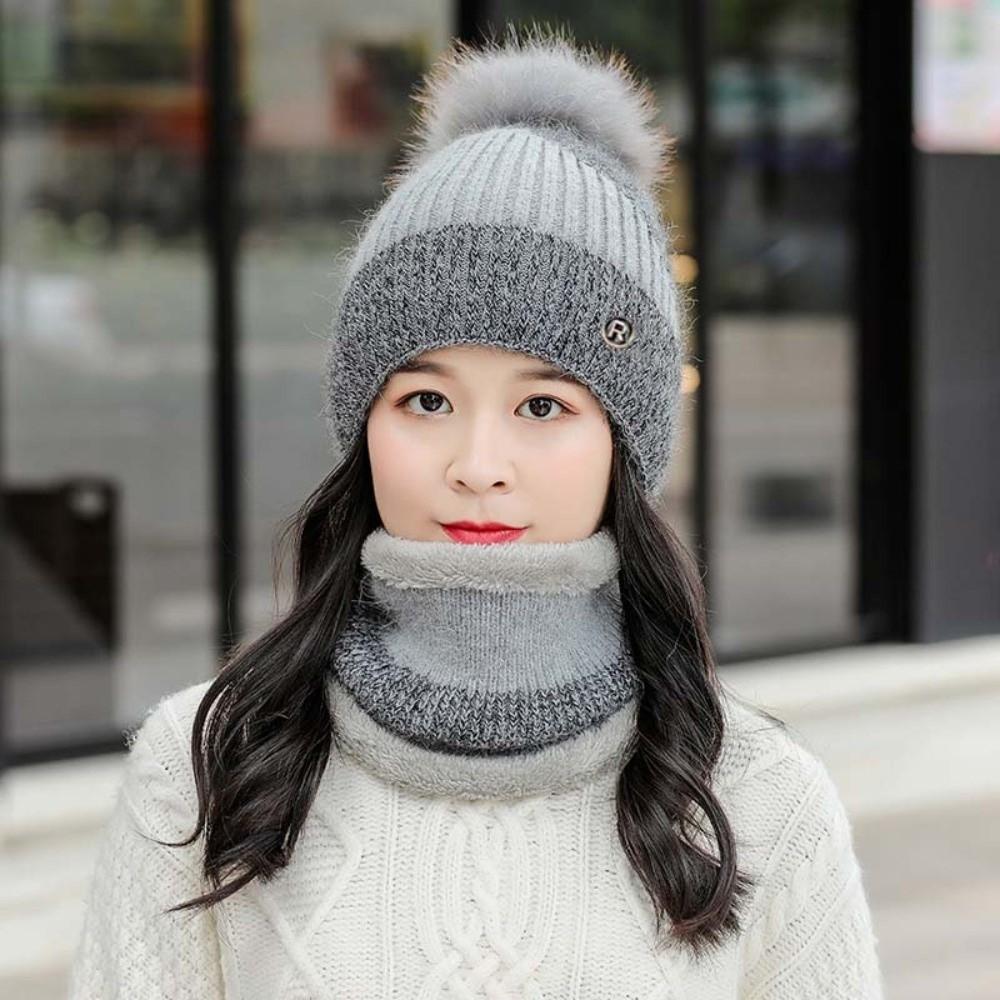 Elastic Winter Pullover Cap Plush Ball Beanie Hat Dome Hat Cap and Scarf Suit  Gifts