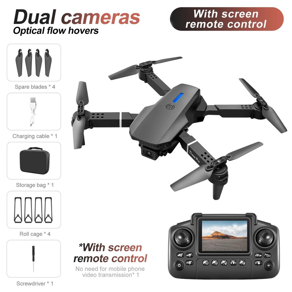 NUOVO Drone E88 Controllato da Schermo Telecomando con Display Quadricottero Flusso Ottico Doppia Fotocamera Aereo per Fotografia Aerea