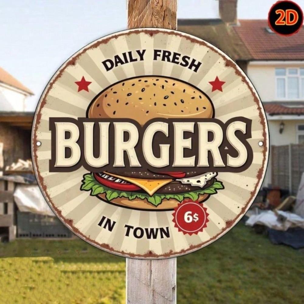 Vintage Burger Town Rundes Metallschild, Retro Aluminiumposter für Küchenwanddekoration 20cm