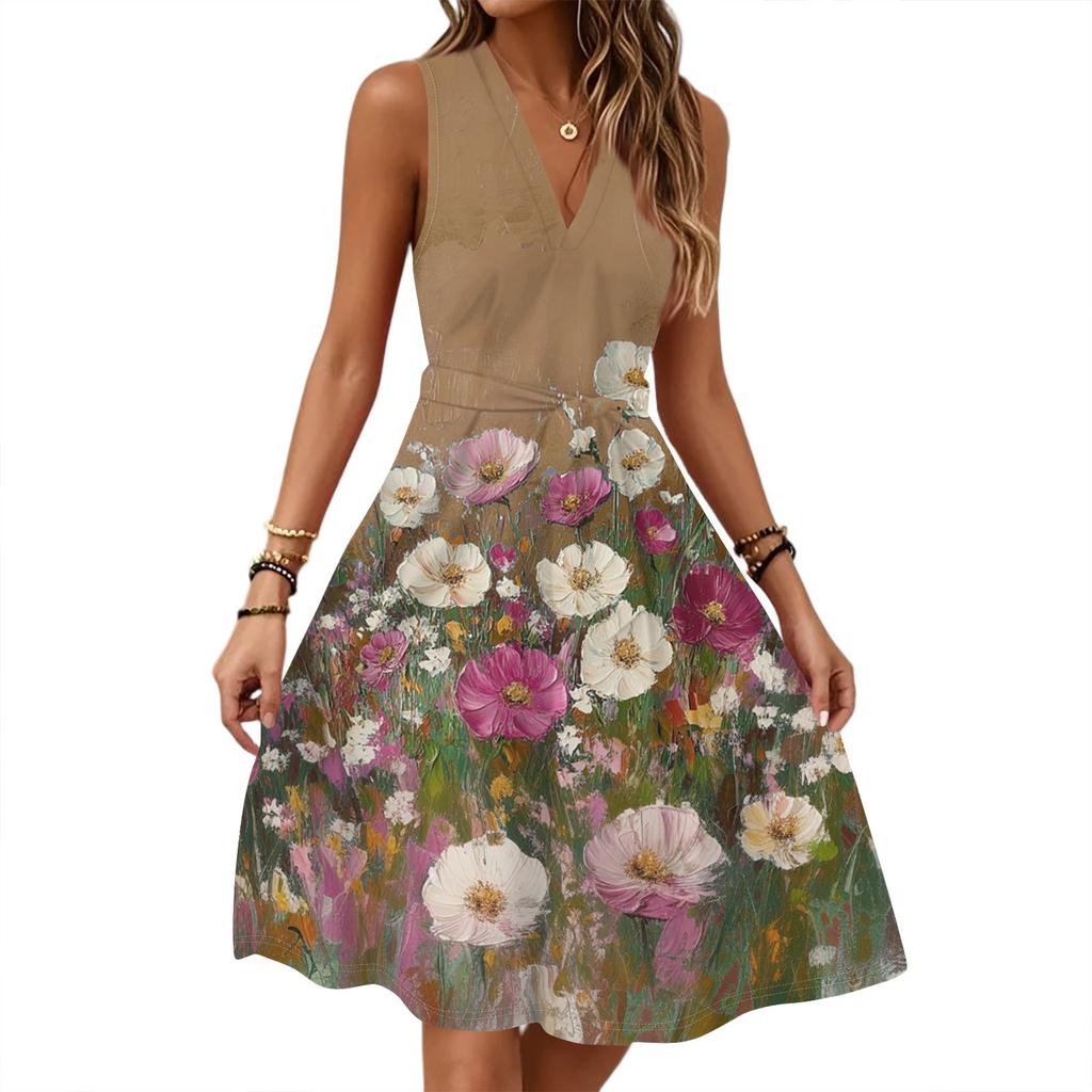 Dámské jarní letní ležérní šaty midi s výstřihem do V, bez rukávů, s květinovým potiskem v pase