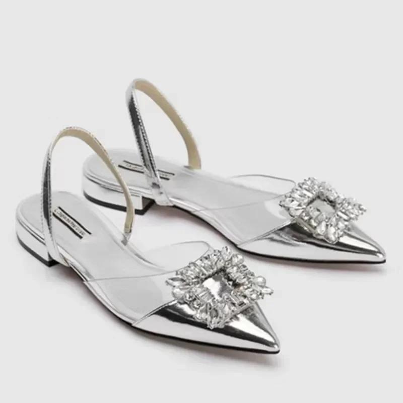 Designer Woman Fashion Sexy Banquet Comfort Crystal Transparent Solid Color Pointed Toe Women Low Heel Sandals Zapatos De Mujer