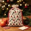 Small Fabric Gift Bags Christmas Tree Print Drawstring Bags, Faux Linen Xmas Treat Bag, Decorative Packaging Reusable Holiday Candy & Apple