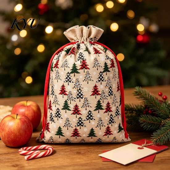 Small Fabric Gift Bags Christmas Tree Print Drawstring Bags, Faux Linen Xmas Treat Bag, Decorative Packaging Reusable Holiday Candy & Apple