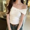 Design Pleated One-word Shoulder Short-sleeved T-shirt Women's Summer Off-the-shoulder Bow Sweet and Spicy Short Student Top