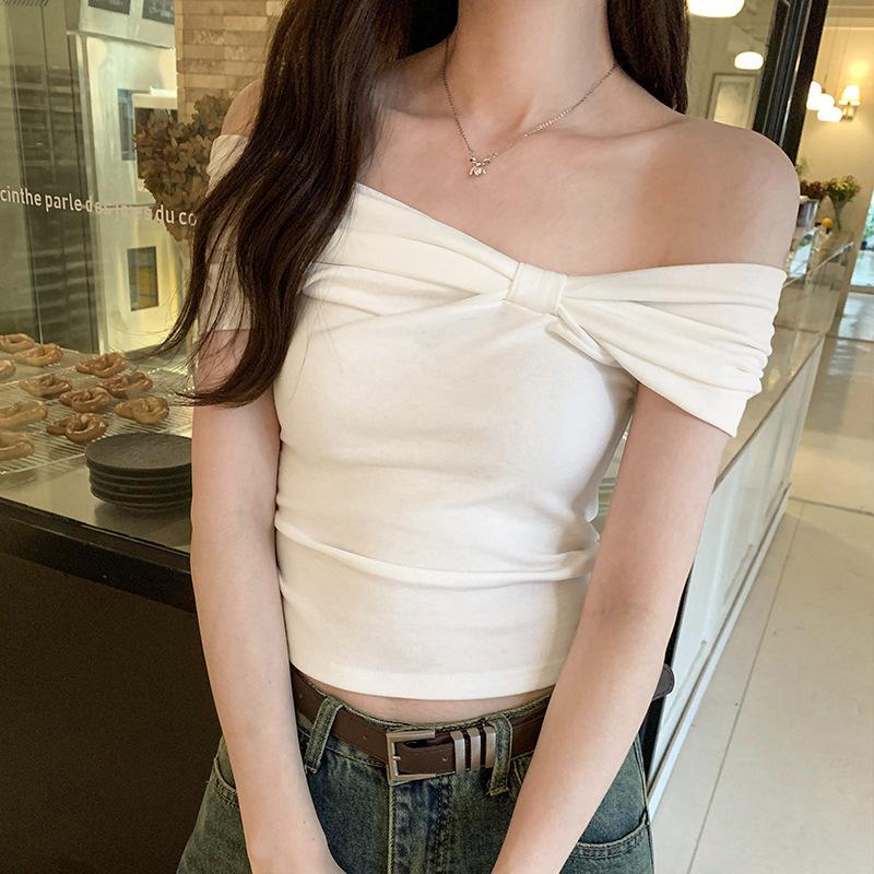 Design Pleated One-word Shoulder Short-sleeved T-shirt Women's Summer Off-the-shoulder Bow Sweet and Spicy Short Student Top