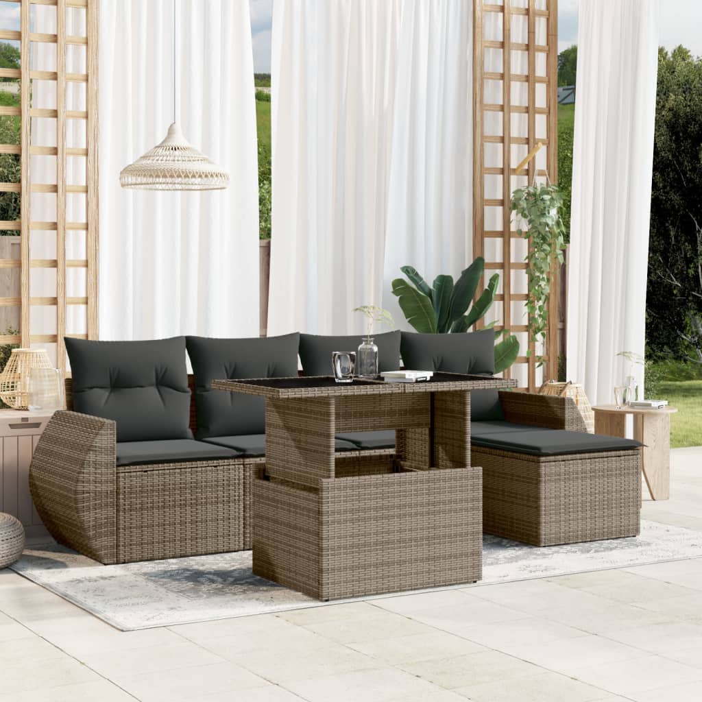 Vidaxl 6-Cz. Garden Furniture Set With Cushions, Grey, Poly Rattan