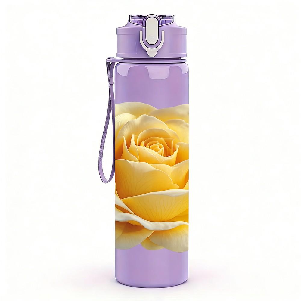 1PC Yellow Rose Flower Bloom Art Print 750ml Color Plastic Sports Water Bottle Leakproof Flip Straw Lid Suitable for Sports Office Home Use