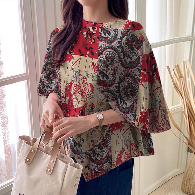

ZANZEA Женская повседневная блузка из хлопка с этническим принтом, с круглым вырезом и рукавами долман 5XL красный