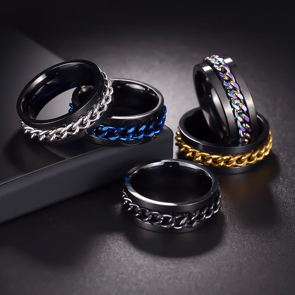 Men's Titanium Steel Rotating Chain Ring - Rotatable Stress Relief Jewelry and Beer Bottle Opener