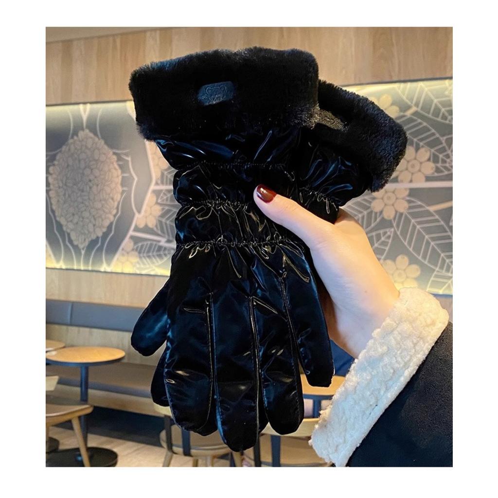 Winter Warm Gloves Touch Screen Women's Thick Cotton Down Riding Cute and Windproof Skiing Gloves with Velvet