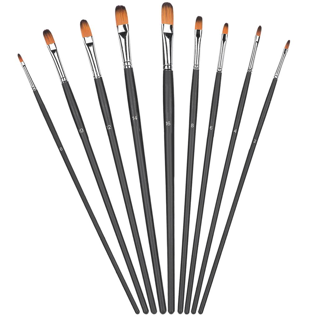 9Pcs Painting Brush Long Rod Nylon Gouache Watercolor Oil Acrylic Artist Paint Tools Black