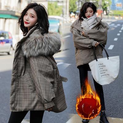 Cappotto Lungo da Donna in Cotone a Quadri con Grande Collo di Pelliccia Giacca Invernale Spessa per Studentesse
