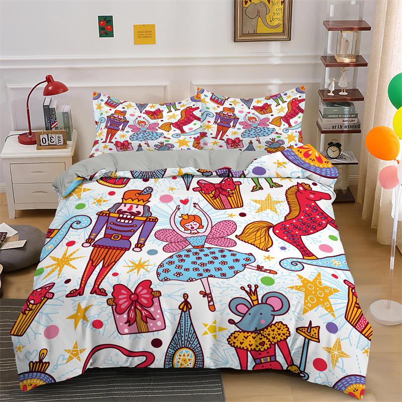 3D God Jul Kung Drottning Sängklädesset Barn Tecknad Jultomte Snögubbe Ren Täcköver XMAS Påslakan Polyester Quiltöverdrag