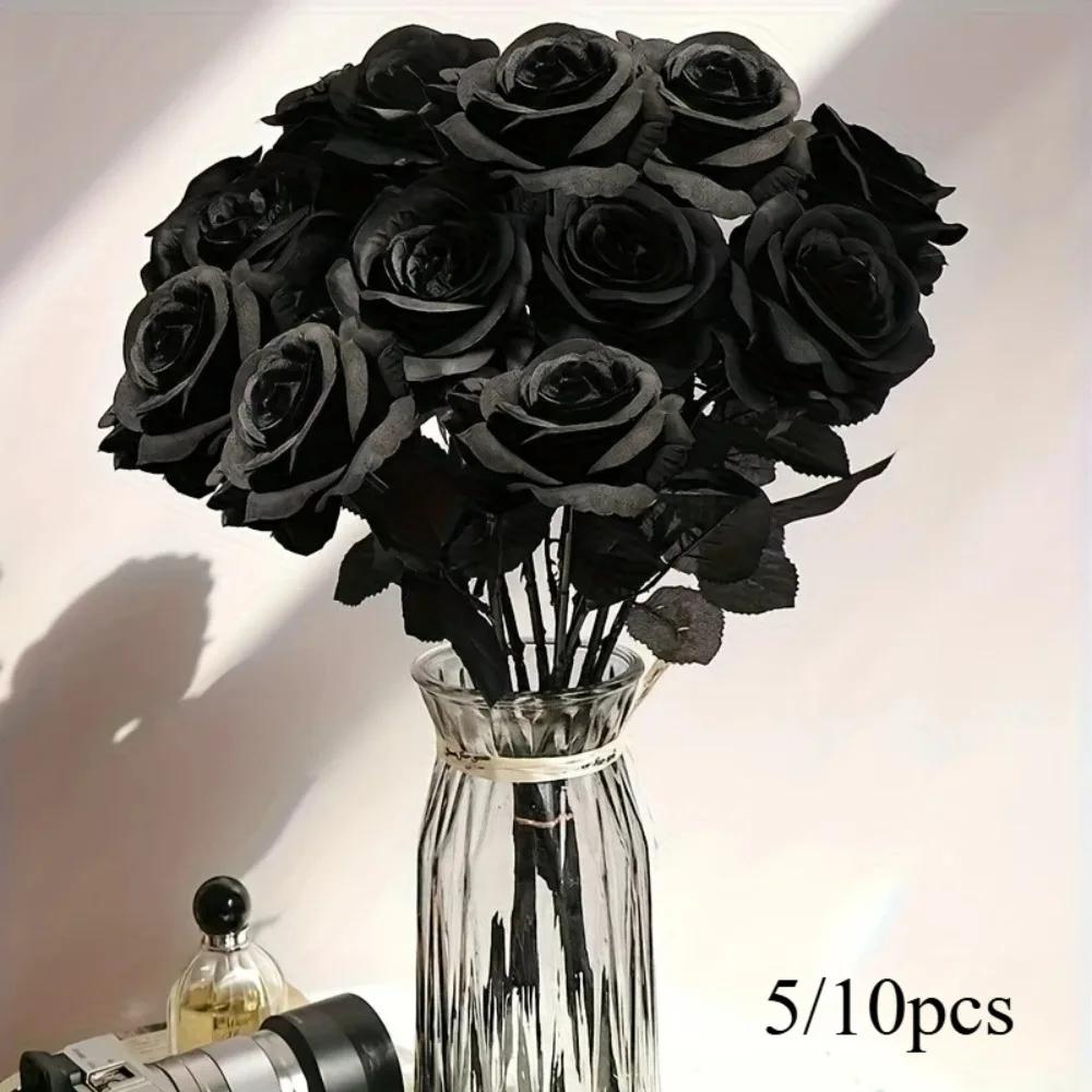 5/10pcs Artificial Black Roses for Home Decor, Long Stem Fake Flowers No Vase, Wedding Halloween Party Table Centerpiece