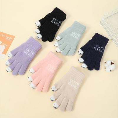 1 Pair Warm Plush Gloves Cutout Finger Tips Thick Plush Funny Cartoon Face Knitted Soft Elastic Anti-slip Warm Touch Screen Cycling Gloves