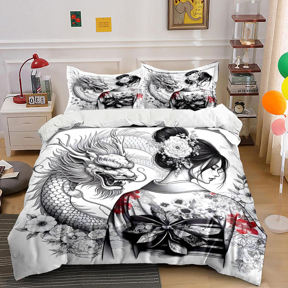 Floral Bride and Dragon Art Bedding Set for Kids Luxury Gift 3pcs Digital Print Comforter Set Soft Comfortable Breathable