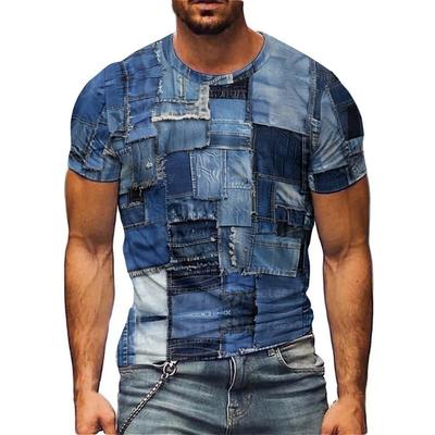 Hawaiian Style European And American Trendy Faux Denim Patchwork Men'S 3D Print Short-Sleeved T-Shirt 3D Clothing Loose Fit T-Shirt