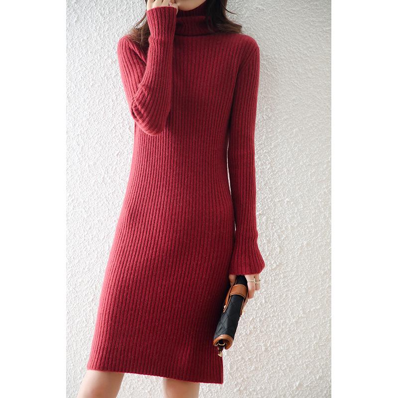 2022 Autumn/Winter Wool Slim Fit Striped A-Line Dress with Pile Collar for Women, Medium Length