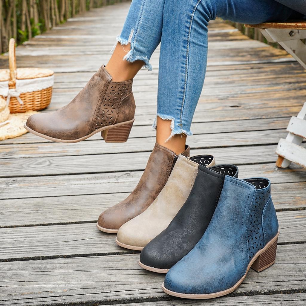 Stiefeletten für Damen, Damen Casual Kleid Niedrig Absatz Stiefeletten Kurz Klobiger Blockabsatz Perforierte Seite V-Ausschnitt Westernstiefeletten Ausschnittschuhe